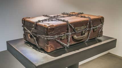 Locked Suitcase Bound in Barbed Wire Under Cold Light Representing Restricted Movement and Policy