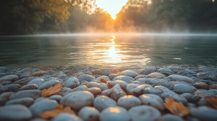 Obraz premium Riverbank at sunrise, tranquil morning light