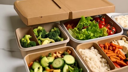 Variety of balanced prepared meal containers for healthy eating on white table, healthy food delivery service, balanced diet