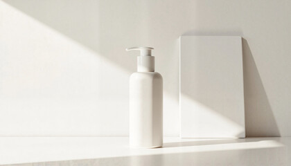 Minimalist white cosmetic bottle and blank notebook on table  