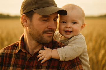 Smiling baby enjoying time with loving father in plaid shirt outdoors in golden wheat field during warm sunset