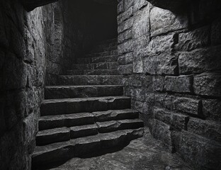 Dark, stone stairway in an ancient vault