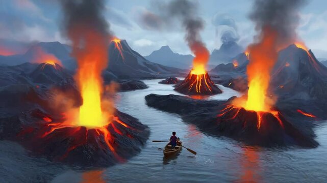 A lone rower navigates a river surrounded by erupting volcanoes under a dramatic sky