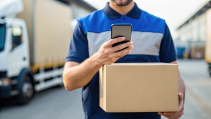 A delivery worker checks a mobile device while holding a package outside a logistics facility.