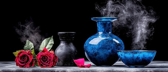 Mystical Still Life Blue Vases, Red Roses, and Ethereal Steam