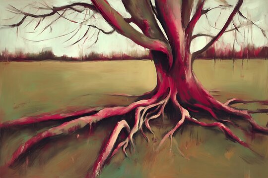 Red tree with bare branches landscape