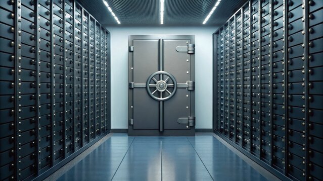 A metallic vault door stands prominently in a secure bank's safety deposit box room, highlighting security and storage.