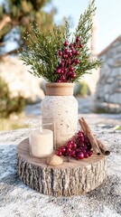Rustic Winter Centerpiece  Candle, Berries, and Greenery in a Stone Vase
