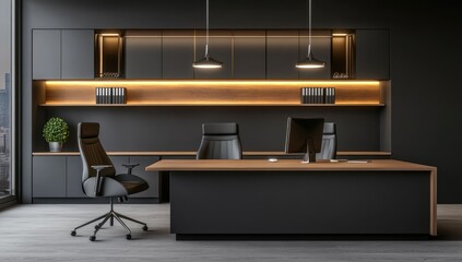 Modern minimalist style, a black and wood color scheme of the desk with LED lighting strips on top, wall shelves for office supplies above the table.