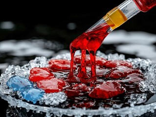 Vibrant Red Liquid Pouring onto Ice and Gummy Candies Abstract Food Photography