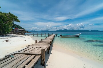 Fototapeta premium Wooden pier leads to a tropical beach