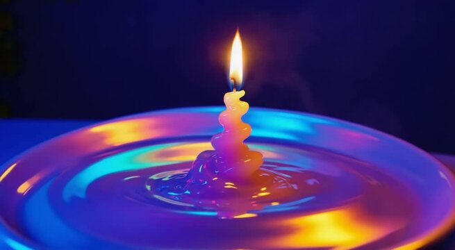 A vibrant candle flame dances atop a reflective surface, surrounded by colorful light effects