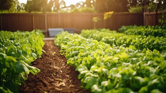 Agricultural field with green vegetables growing in neat rows near a wooden fence and a gardening shovel in foreground.