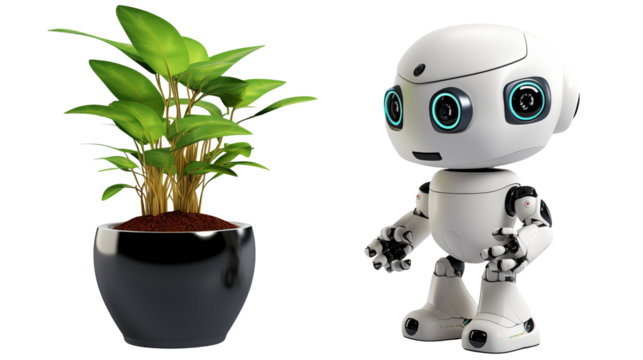 Adorable Robot and Potted Plant 3D Render  A charming digital artwork featuring a cute robot and lush green plant