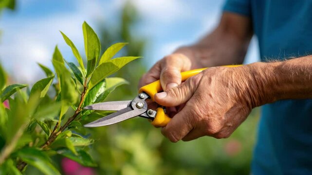 Elderly hand pruning green plant with garden shears outdoors, gardening sunlight, peaceful activity, plant care, healthy lifestyle, tool use, green leaf maintenance, outdoor environment