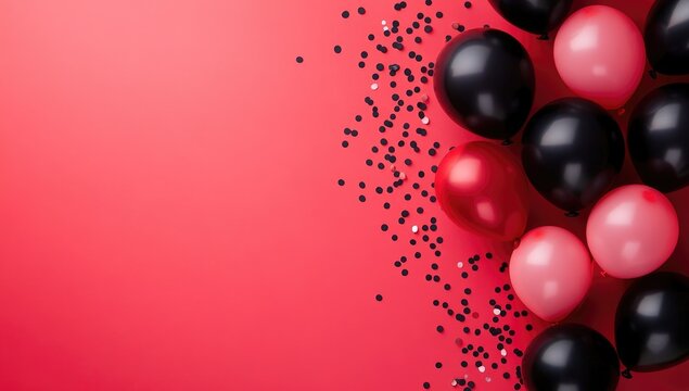Photo of a red and black balloon background with confetti for a gender reveal party, top view. Web banner with copy space on the right.
