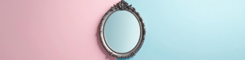 Elegant oval mirror with ornate silver frame, pastel pink and blue wall , stylish space, soft colors