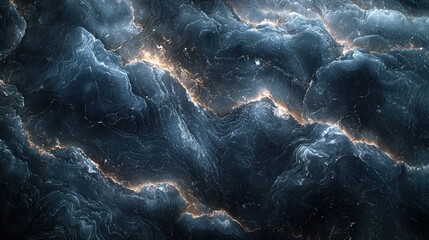 Abstract textured landscape of dark blues and grays, with streaks of glowing light