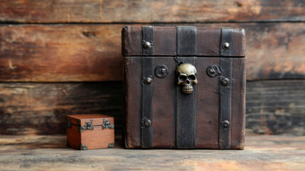Two vintage wooden chests, one large with metal reinforcements and a skull ornament, and one small, set on a rustic wooden surface against a wooden wall.