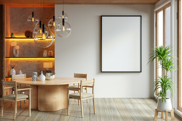 Poster mockup with vertical black frame in dining room interior- 3D rendering