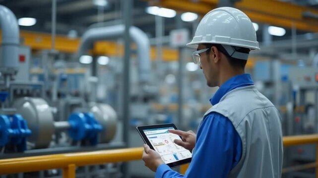 A worker holds a pad inside an industrial factory warehouse. Seamless 4K looping timelapse video animation background