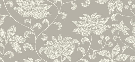 Obraz premium flower and leaves vector seamless pattern with dot style texture.