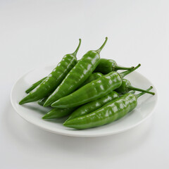 Green chili peppers sit piled high on a white plate against a plain background ready for a spicy dish