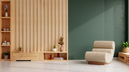 Minimalist living room featuring a cozy beige lounge chair, vertical wood slat wall design, green accent wall- 3D rendering