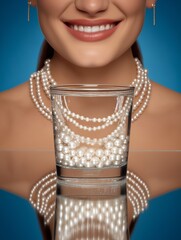 Smiling Woman with Perfect White Teeth and Pearls – Beauty and Dental Concept