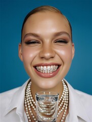 Portrait of a young woman smiling with braces, wearing a pearl necklace. A blend of elegance and youthful confidence. Clean background, soft natural light.