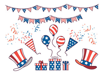 Obraz premium Colorful decorations featuring balloons, hats, gifts, and banners in red, white, and blue for a festive patriotic celebration event.