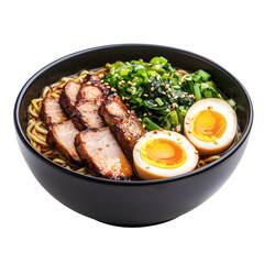 Delicious bowl of ramen with softboiled egg and sliced pork on isolated transparent background