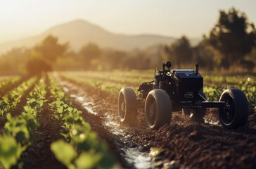Robotic rover inspecting irrigation lines