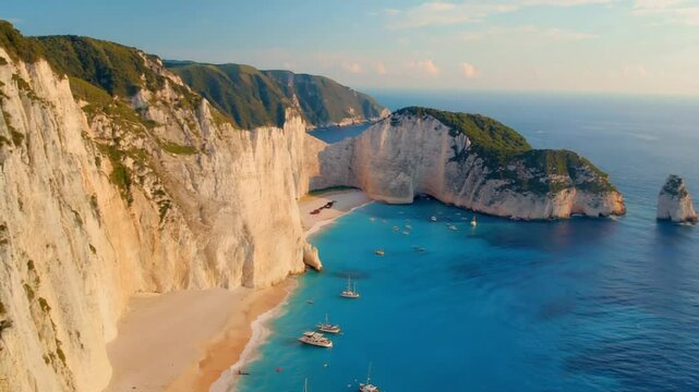 Navagio Beach in Zakynthos, Greece, with its iconic shipwreck and stunning turquoise waters, symbolizing adventure and scenic travel. Ideal for travel vlogs or drone footage.