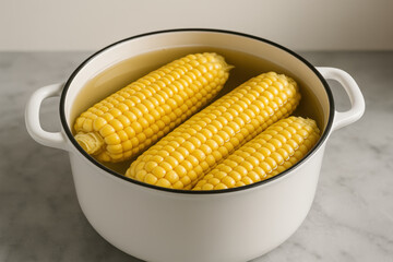 Fresh yellow corn cobs soaking in water inside a white pot on a marble kitchen countertop under natural daylight