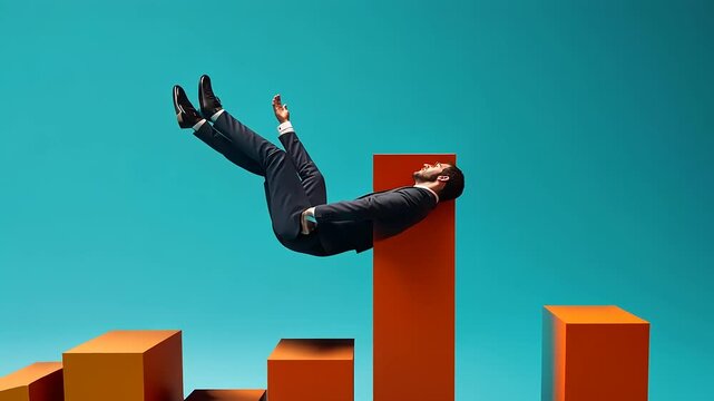 Businessman in suit dramatically falling backwards against colorful bar graph on teal background