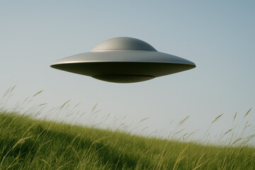 Futuristic metallic ufo hovers silently above serene grassy meadow with clear sky and natural sunlight in the background
