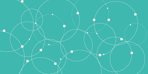 Abstract vector illustration with overlapping circles, dots and dashed circles. Science and connection concept. Wide molecule structure background. © agus