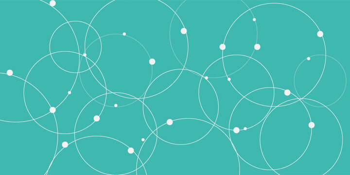Abstract vector illustration with overlapping circles, dots and dashed circles. Science and connection concept. Wide molecule structure background.