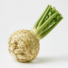Celeriac displays its textured surface and green stalks against a clean white backdrop alone