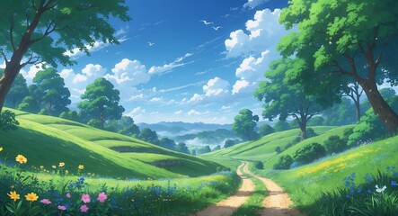 Anime Landscape Grassy hills with bright sky.