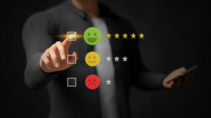 Excellent feedback, five star rating, user satisfaction, positive customer experience, quality service, excellent service review. Businessman giving 5-star rating on virtual screen. 3D illustration