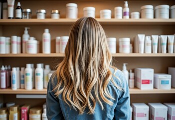 Woman with Long Blonde Hair Browsing Beauty Products on Shelves in Store