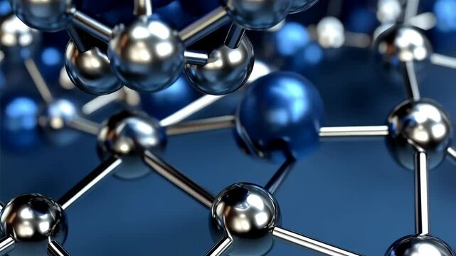 Close-up view of a metallic molecular structure featuring silver and blue spheres connected by thin rods in 3D rendering.