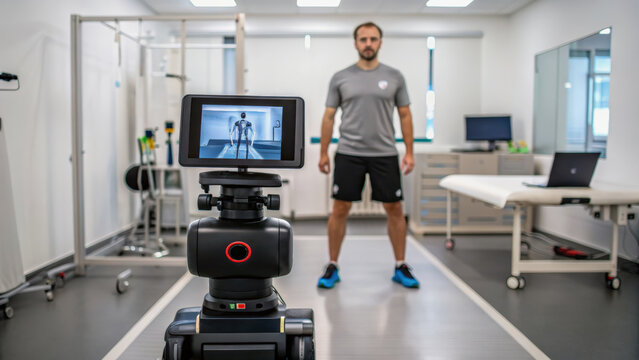 A man stands on a treadmill in a clinical room while a robot records his movement, suggesting a high-tech physical therapy or sports science environment.