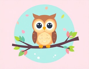 Fototapeta premium A cute cartoon owl with big eyes sitting on a branch in pastel colors.