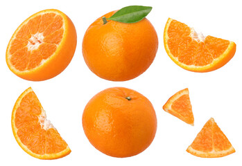 Group of orange fruit with leaves, slices and half isolated,  transparent PNG, collection, PNG...