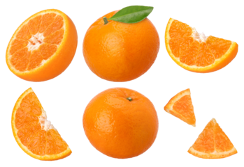 Group of orange fruit with leaves, slices and half isolated, transparent PNG, collection, PNG format, cut out