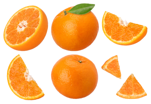 Group of orange fruit with leaves, slices and half isolated,  transparent PNG, collection, PNG format, cut out