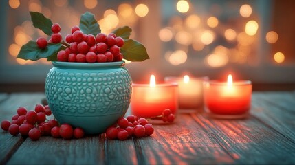 Rustic, festive berries in a teal pot with candles